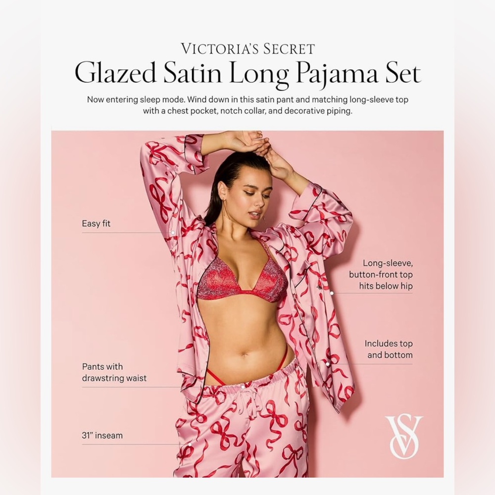 VS CHALK ROSE BOWS GLAZED SATIN PAJAMA SET w/ MATCHING TOTE & BLANKET SIZE LARGE - Picture 2 of 10